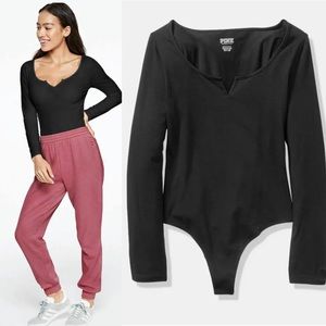 Victoria’s Secret PINK Basic Black Bodysuit Top Stretch Large New with t…